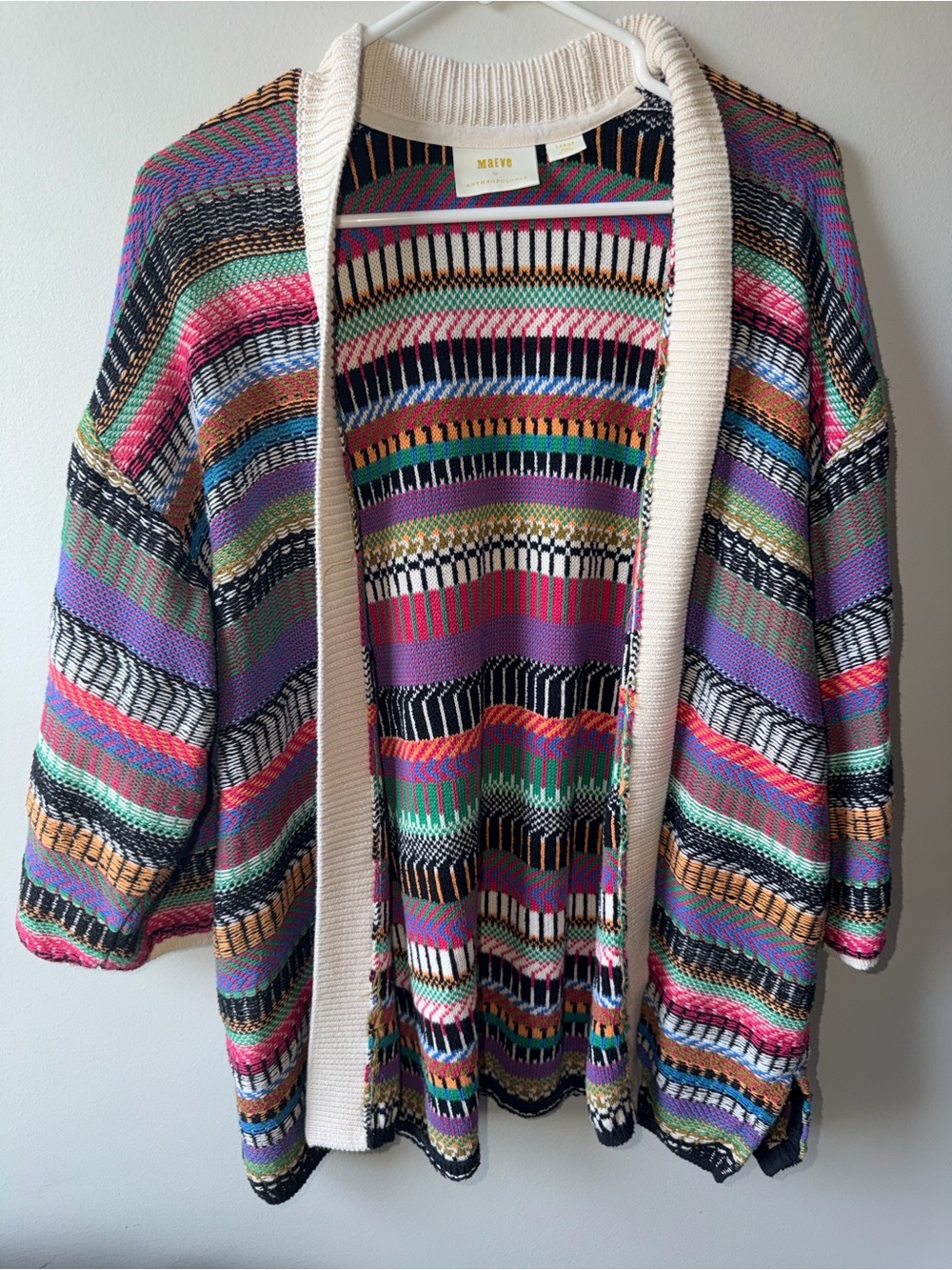Maeve Multicolor Striped Open-Front Cardigan with Cream Trim